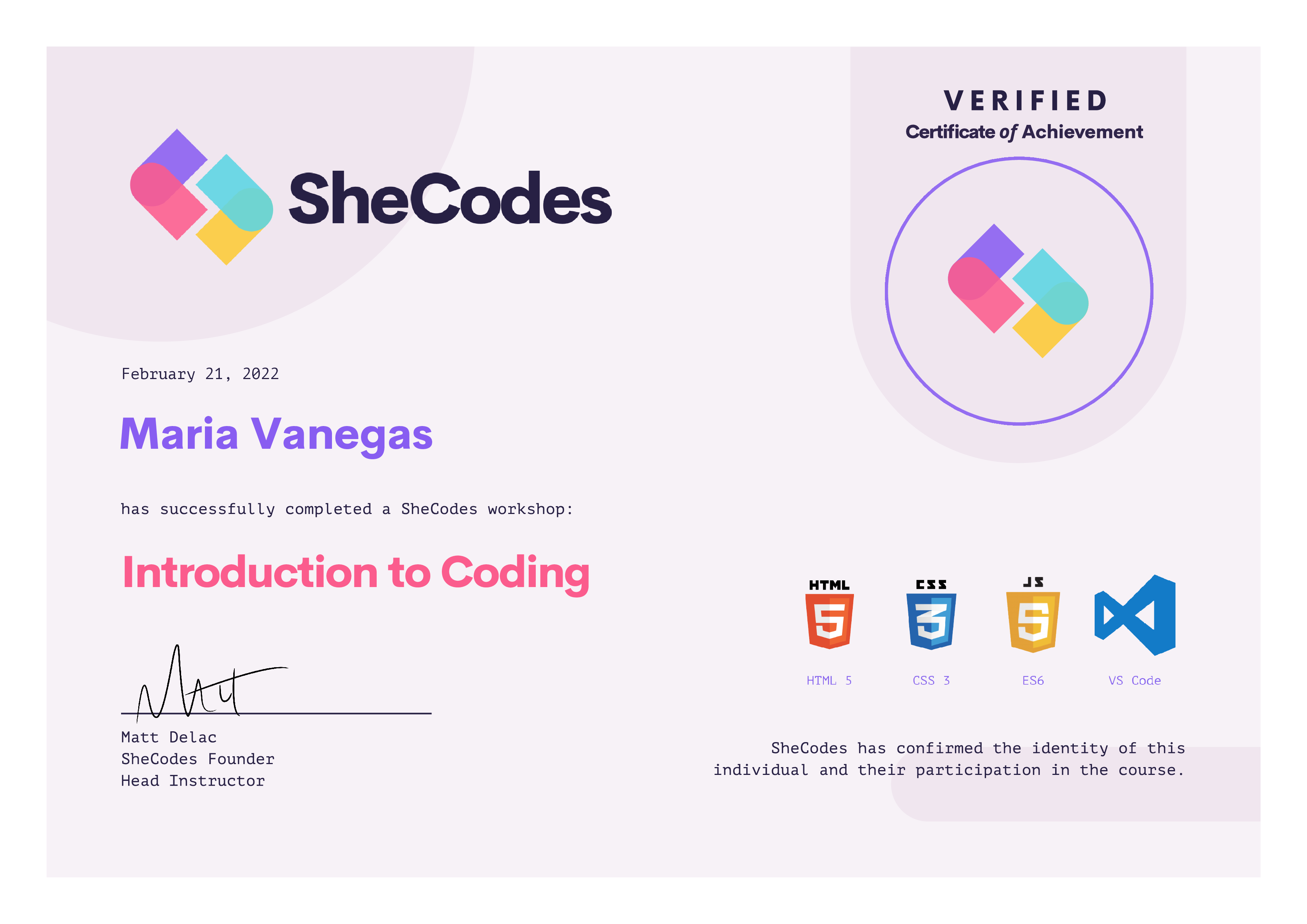 SheCodes Basics Certification